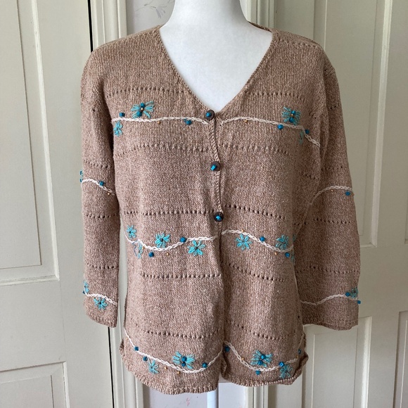 V Neck Brown Sweater w Turquoise Beads Yarn - Picture 1 of 9